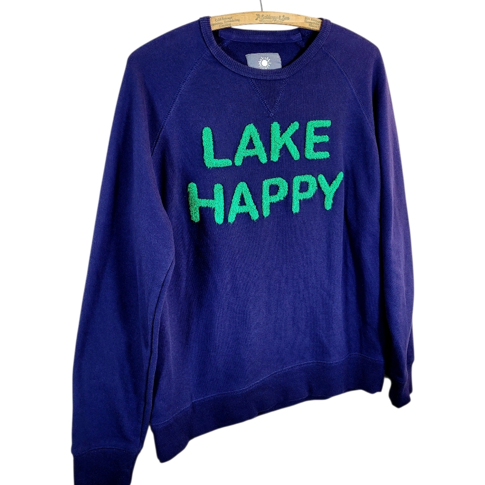 LAKE HAPPY Navy Blue Crewneck Sweatshirt Green Chenille Lettering SMALL - Picture 3 of 9